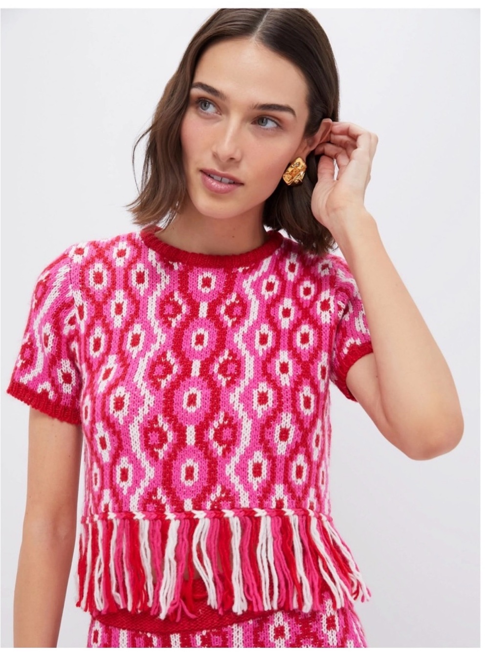 Bright Pink Patterned Fringe Knit Crop Top